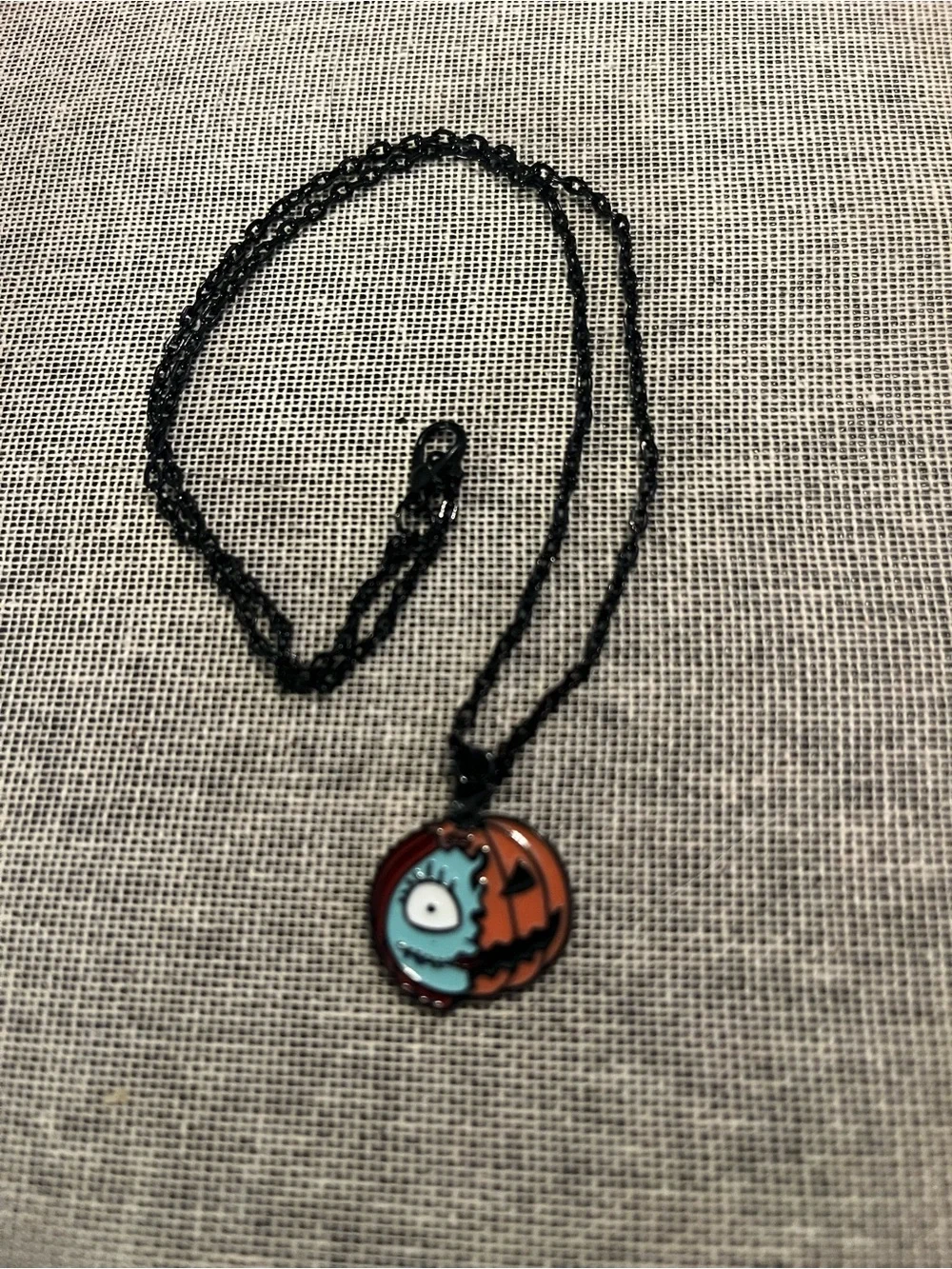 Nightmare Before Christmas Black Chain Necklace w/ Pumpkin & Sally Pendant